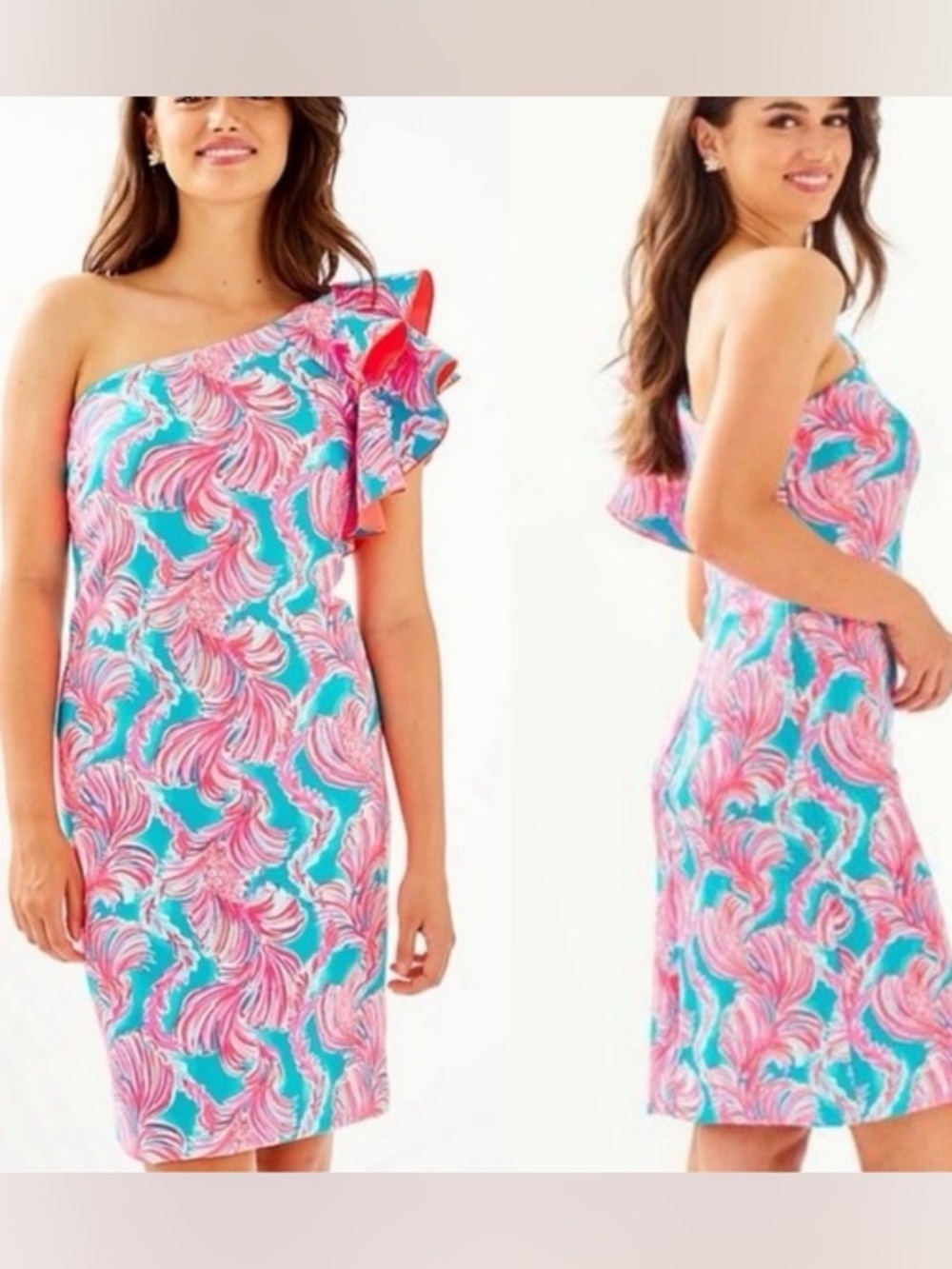 NWT Lilly Pulitzer One-Shoulder Dress in Pink and Blue - Picture 2 of 11